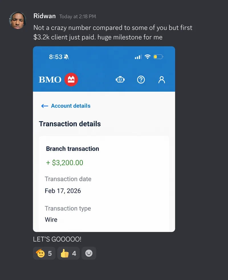 Ridwan: First $3.2k client paid